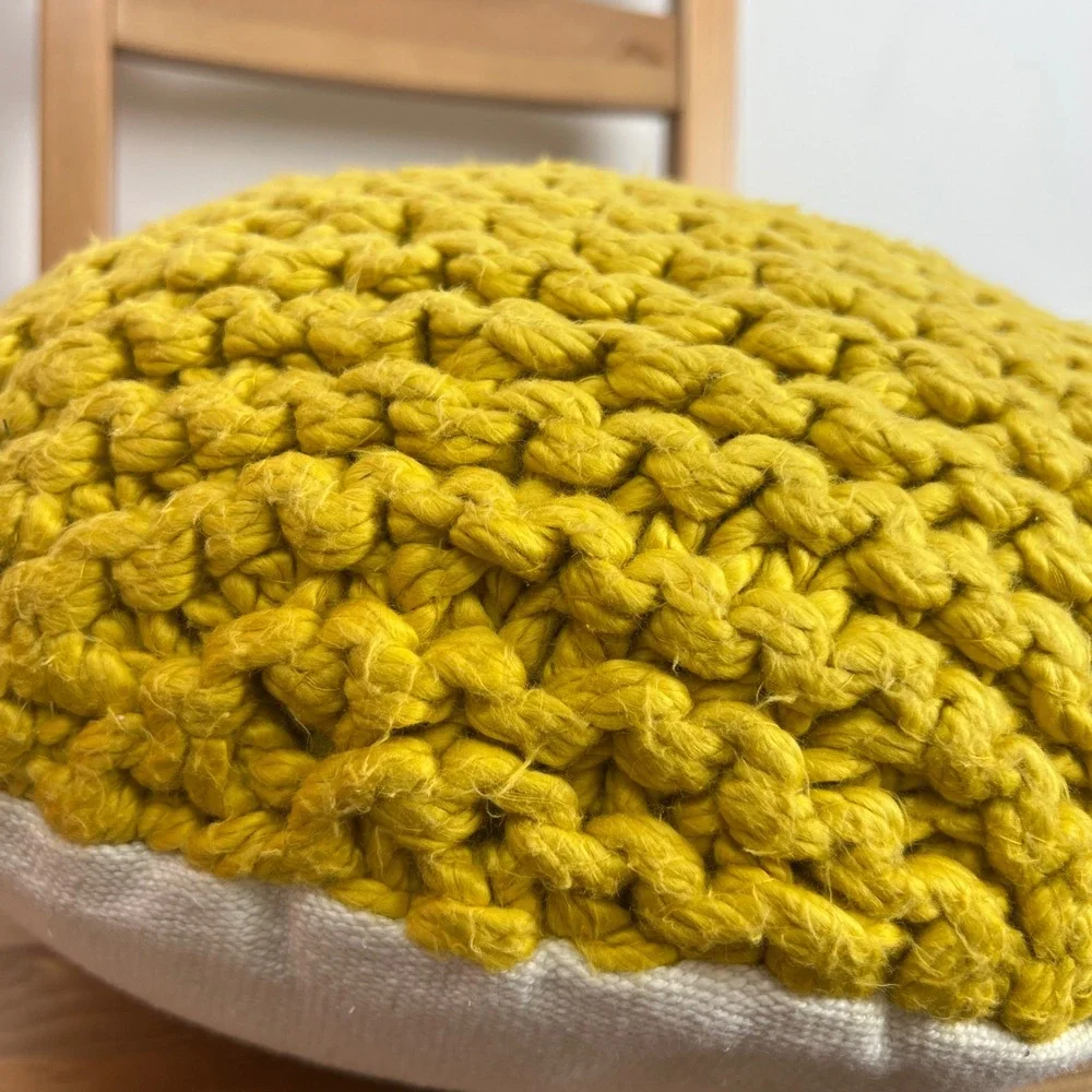 Anthropologie Hand Knit Lawrence‎ Pillow Round Chunky Knit Cotton Yellow 16